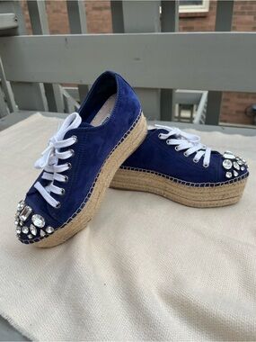 Miu Miu Blue Suede Crystal Embellished Platform Espadrille Sneakers